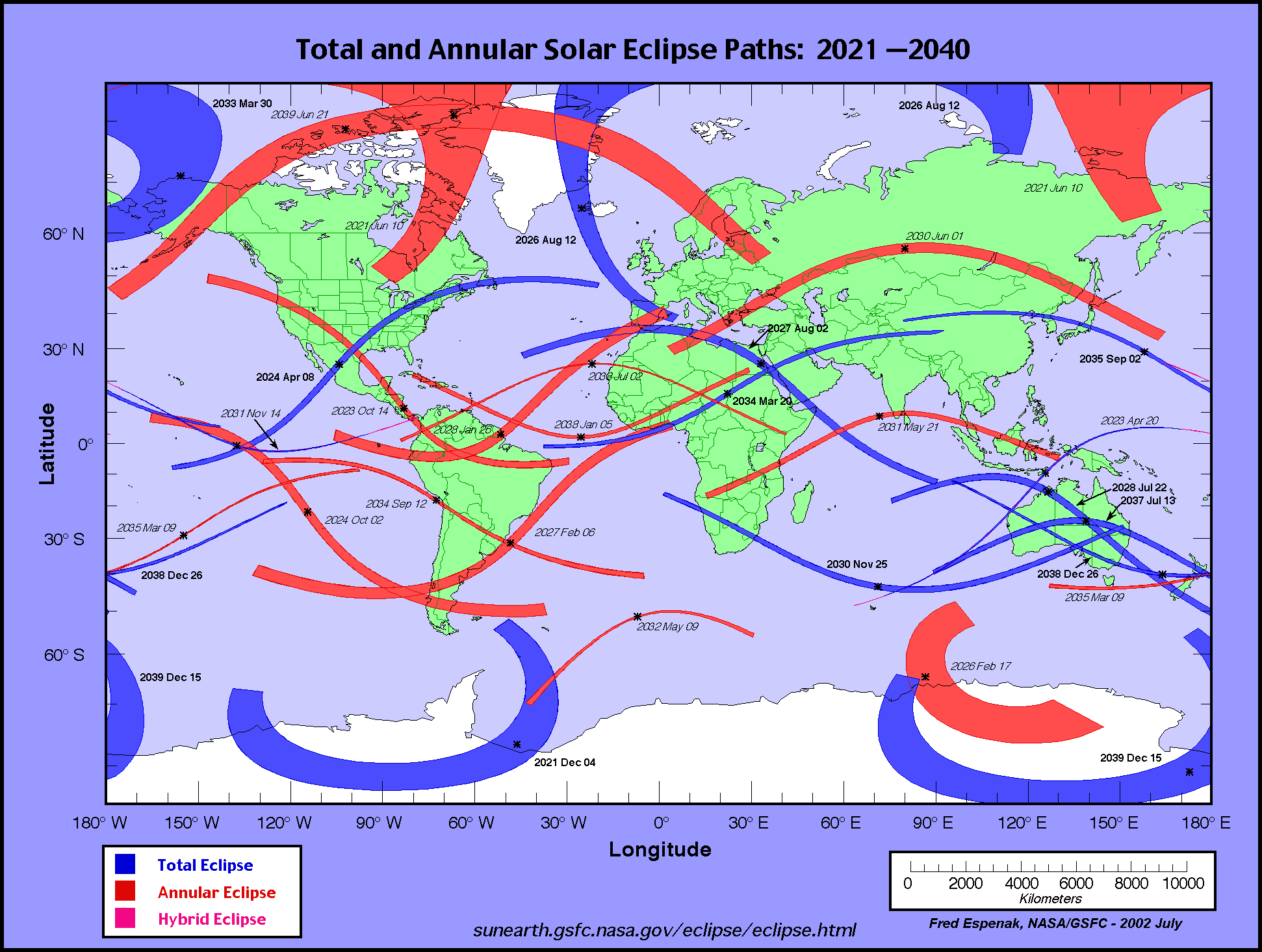 Verlauf der Finsternispfade der Sonnenfinsternisse von 2021 bis 2014, Quelle NASA